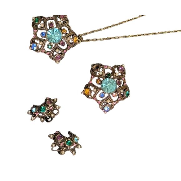 Vintage Star & Moon Rhinestone Pendant Necklace Earrings Set Estate statement - Picture 12 of 12